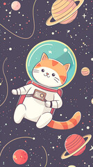 Cute Astronaut Cat Floating in Space Simple Line Drawing Illustration with Pastel Colors and Geometric Pattern Background