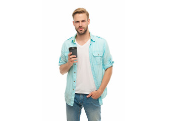 Fototapeta premium Warm morning. Coffee break at home. Millennial man having coffee cup isolated on white. Morning coffee time. Lifestyle concept. Drinking espresso. Man drinking tea. To-go cup