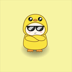 cute baby duck costume vector design illustration line art. Suitable for t-shirt, mug, sticker, etc. Eps 10