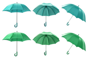 2 Set of turquoise blue green canopy umbrella parasol brolly, on transparent cutout PNG file. Many assorted different angles. Mockup template for artwork design