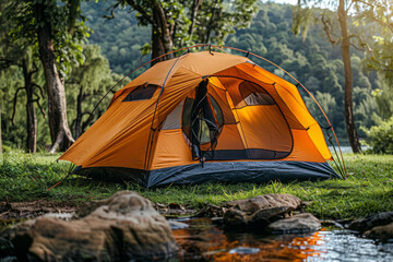 A vibrant orange camping tent set up in a picturesque outdoor location with lush green grass and trees.generative ai