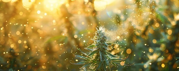 Abstract bokeh green cannabis background with golden light.