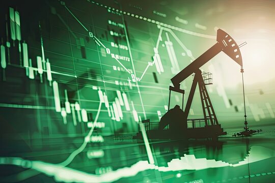 An oil pump on the background of an electronic graph on the screen. The concept of the growth of oil prices on the world market. Double exposure. - Powered by Adobe