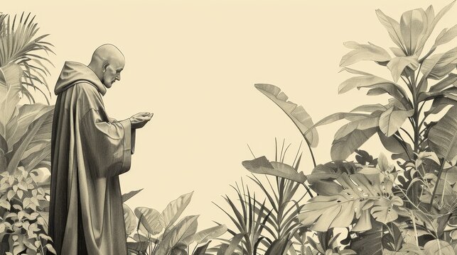 Fiacre with Flourishing Plants, Monastic Attire, Garden Scene, Biblical Illustration, Beige Background, Copyspace