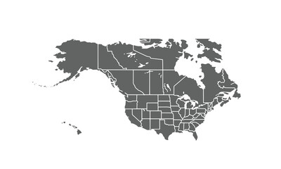 North America map isolated on white background. for website layouts, reports, annual infographics, world, similar world map icons. travel around the world, map silhouette backdrop.