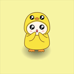 cute baby duck costume vector design illustration line art. Suitable for t-shirt, mug, sticker, etc. Eps 10