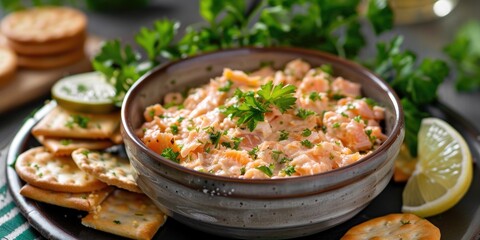Smoked salmon dip in bowl, on platter with crackers