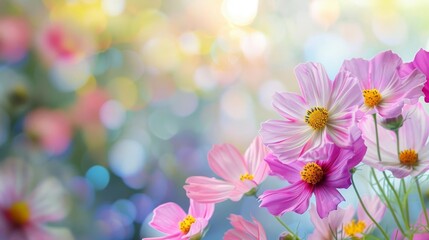 Obraz premium Beautiful pastel-colored cosmos flowers in full bloom with a dreamy, blurred background, creating a serene and peaceful atmosphere.