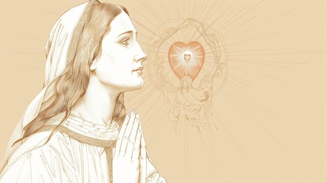 Saint Margaret Mary Alacoque receiving a vision of the Sacred Heart, mystical experience, divine light, beige background, Biblical Illustration, copyspace