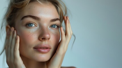 Fototapeta premium studio portrait of an attractive woman with her hands on the side of her face, touching it gently