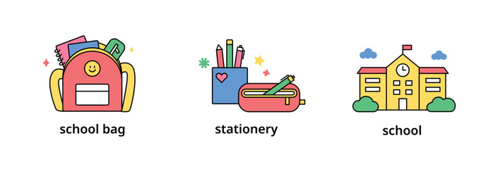 Objects for school education. School bag, pencil case and school building. outline simple vector illustration.