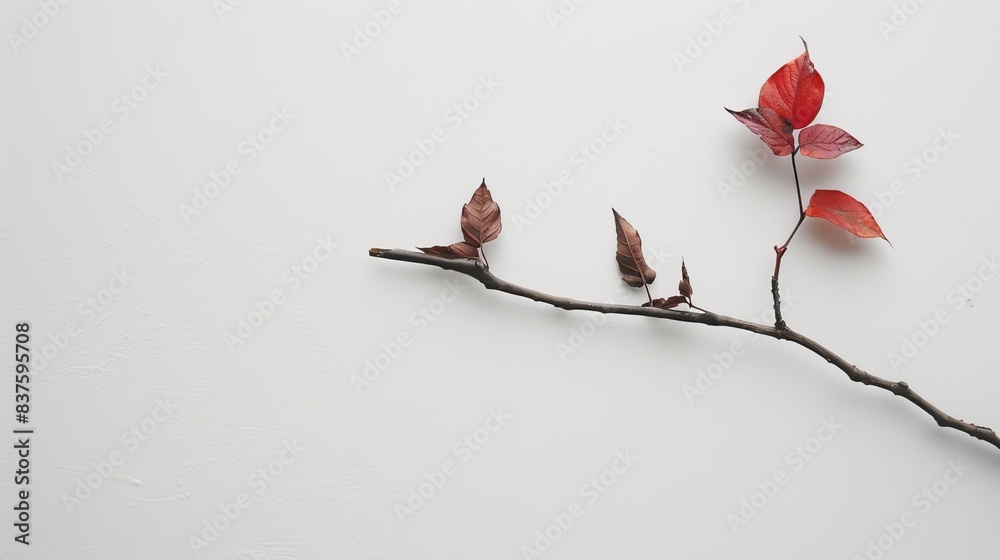 Wall mural branches with leaves, white background.