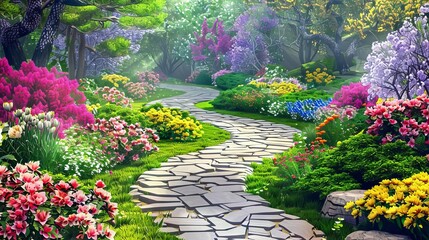 Obraz premium A serene, vibrant garden path lined with flowers and lush greenery under a bright sky, inviting a peaceful walk.