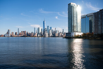 Naklejka premium New York, United States. New York city skyline in Midtown Manhattan. USA, NYC, NY, Manhattan. American big city. Lower Manhattan skyline. New York from New Jersey. Downtown Manhattan.