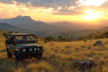 Fototapeta premium Safari Vehicle Parked in Field With Mountains in Background. Generative AI