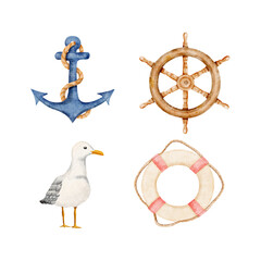 Watercolor nautical elements, rigging symbols, life buoy, steering wheel, anchor and  seagull watercolor illustration, isolated on white background vector