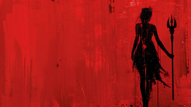 Dark digital art of a silhouette of a powerful woman with a devil trident, exuding menace and mystery.