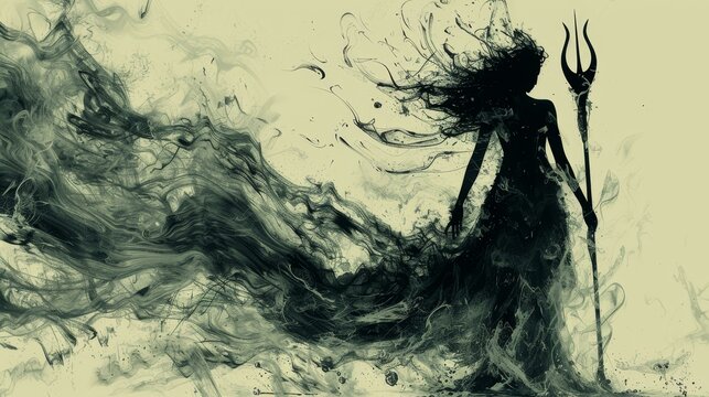 Dark digital art of a silhouette of a powerful woman with a devil trident, exuding menace and mystery.