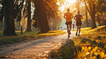 Two people jogging in a park during a golden sunrise, surrounded by trees and greenery, enjoying a refreshing morning run.