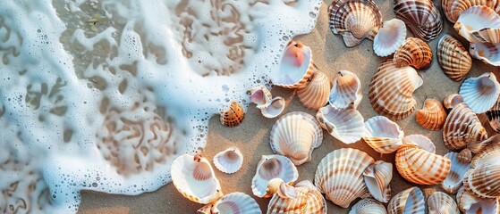 Beautiful collection of seashells on the beach with ocean wave washing up. Perfect representation of nature, summer, and coastal life.