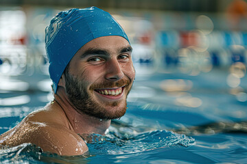 Active Senior Man Enjoying Swimming Laps in Indoor Pool with Bright Blue Swimming Cap, Copyspace Available