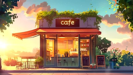 Lofi-style cafe exterior at sunset during summer. seamless looping time-lapse animation background