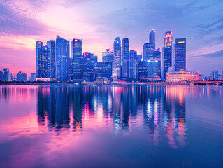 Obraz premium Dazzling Urban Skyline at Dusk with Glowing Skyscrapers Reflecting in River Panoramic Cityscape with Copyspace