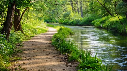 Naklejka premium A serene riverside path surrounded by lush greenery, perfect for a tranquil walk through nature on a bright, sunny day.