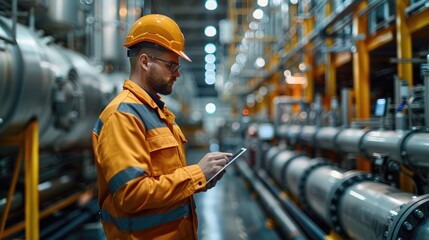 Engineer wearing orange safety gear using a tablet in an industrial facility with pipelines and machinery.
