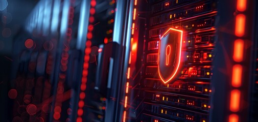 Obraz premium Red glowing security shield on server rack.