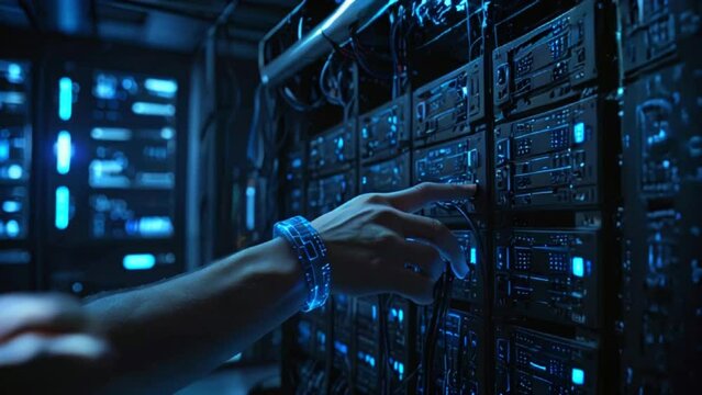 A hand with a blue bracelet is touching a server in a dark room full of servers.