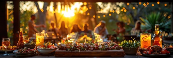 Outdoor sunset gathering with friends enjoying food and drinks, illuminated by warm string lights, creating a cozy atmosphere.