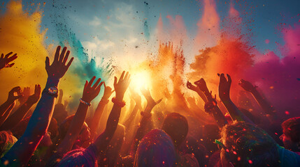 Celebrants dancing during the color Holi Festival . Party, Social Event, Holi, Colors, Multi Colored, Group Of People
