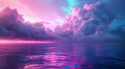 The image is a beautiful landscape of a pink and purple sky with clouds and a body of water.