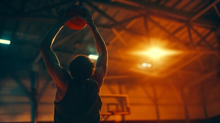 A focused basketball player is captured mid-action while attempting to score a point in an indoor basketball court