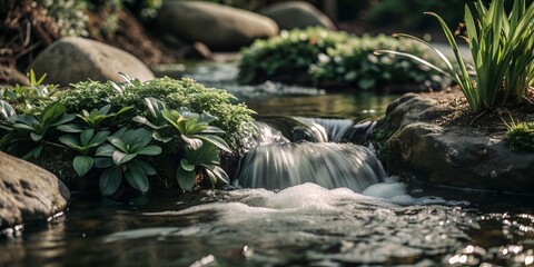 Fototapeta premium Detailed Spring Stream Surrounded by Lush Greenery - Nature's Beauty Banner