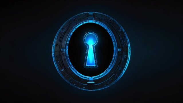 A glowing blue keyhole on a black background.