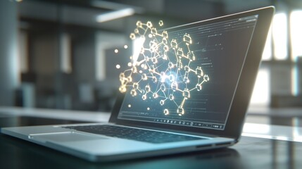 Fototapeta premium a laptop with network element icons hologram in the office