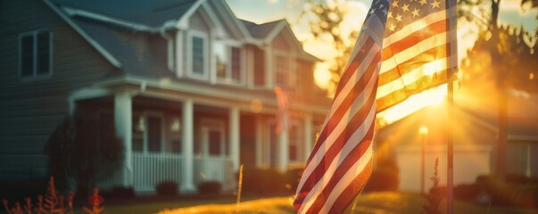 The image shows a beautiful house with an American flag waving in the front yard