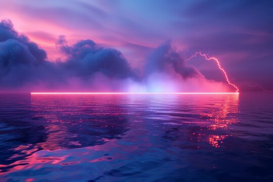The sea is calm and still. The sky is dark and cloudy. A single bolt of lightning strikes the water in the distance.