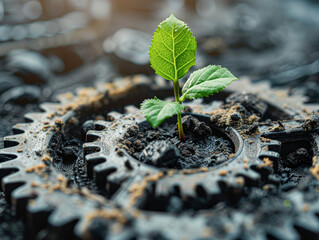 Innovative Environmental Growth Green Sapling in Mechanical Gears