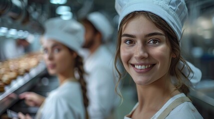 Smiling young female baker working in a busy kitchen, focusing on baking delicious pastries and enjoying the vibrant atmosphere of the bakery.
