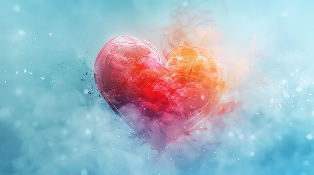A vibrant, fiery heart emerges from a misty, dreamlike background, symbolizing passion and love in a surreal, artistic depiction.