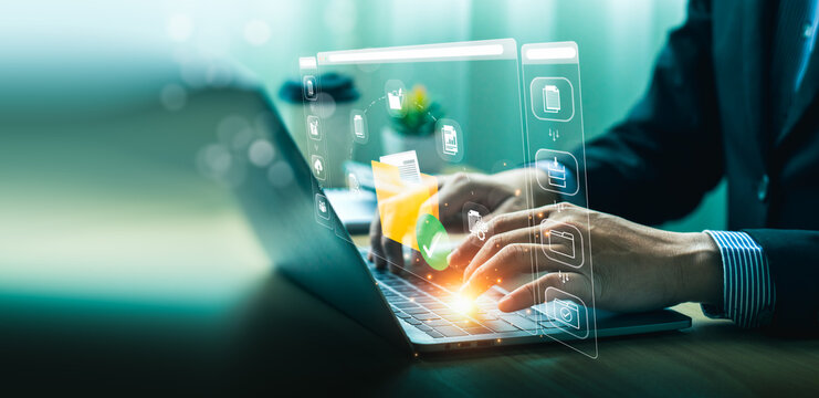 Document management system concept, software system for managing documents, information, organization. stores, searches, shares, controls data access, boosting efficiency and reducing data loss risks.