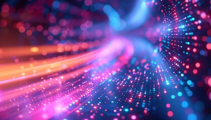 Naklejka premium Abstract light trails and dots in vibrant colors creating a mesmerizing digital wave, perfect for tech and futuristic themes.