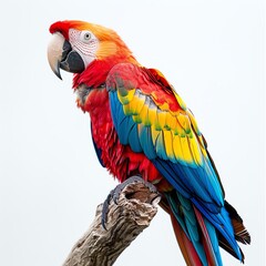 Naklejka premium Colorful macaw with vibrant red, yellow, and blue feathers perched on a branch against a white background.
