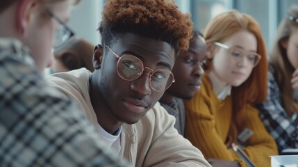 Fototapeta premium Diverse group of students studying together, helping each other succeed academically