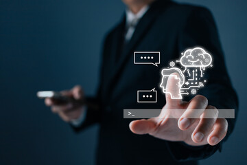 man touch command prompt ai chat. Big data storage computer tech.Digital Artificial Intelligence...