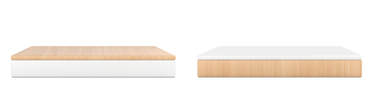 Square wooden platforms set isolated on white background. Vector realistic illustration of podiums or boxes made of natural wood or plastic, product presentation stand, interior design elements