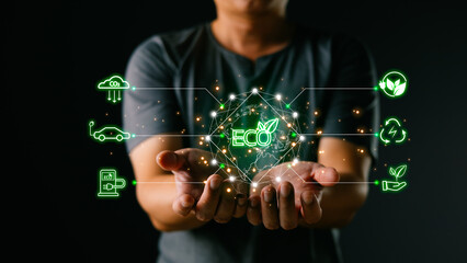 Climate change,hand hold hologram to save energy,and reduce global warming,ecology friendly investment,ESG environment social governance,Green Business Innovation and Sustainable Development concept.